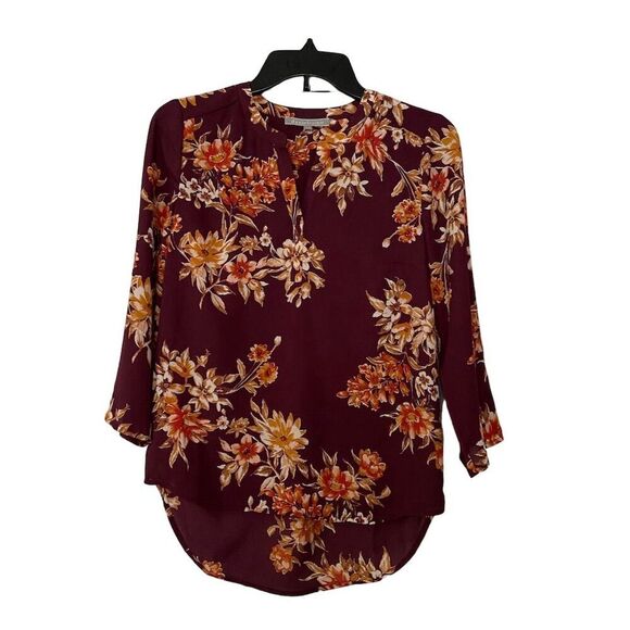 Daniel Rainn Split Neck Blouse Burgundy/Orange Floral Roll Tab Sleeve​ Size PXS - Picture 1 of 14